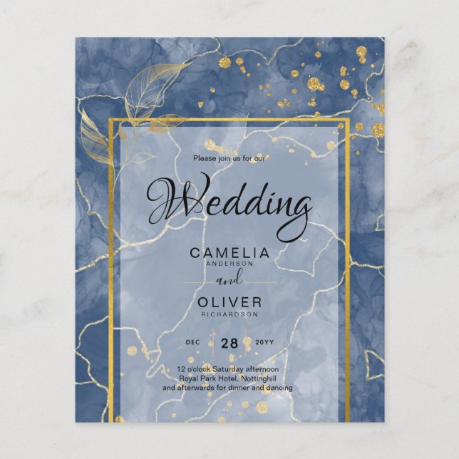 Flyer LeahG Blue Gold INK Resumen de boda (Frente)