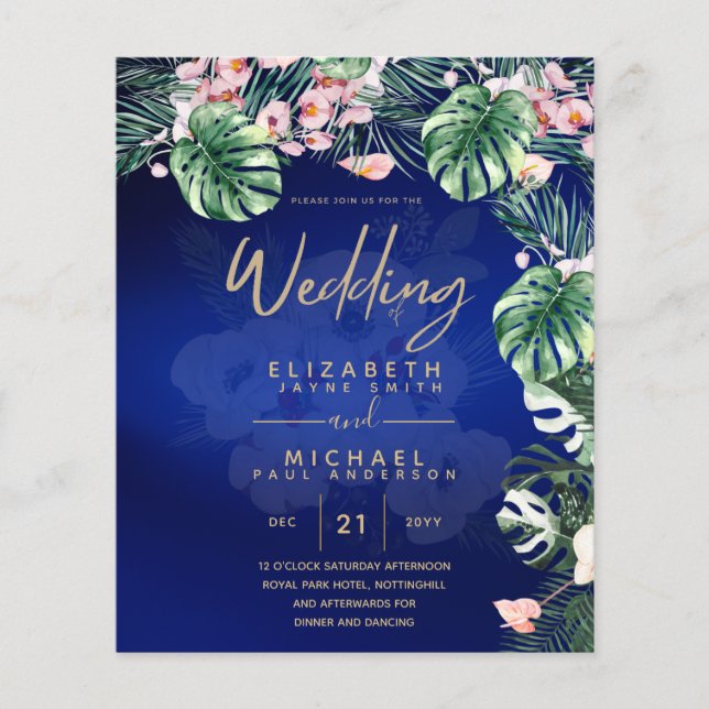 Flyer LeahG Boda Floral Azul Tropical Verde Rosa (Frente)