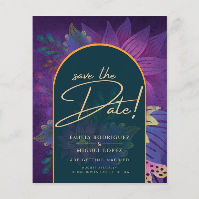 Flyer LeahG Green Purple Gold JEWEL TONES Wedding INVITE (Frente)