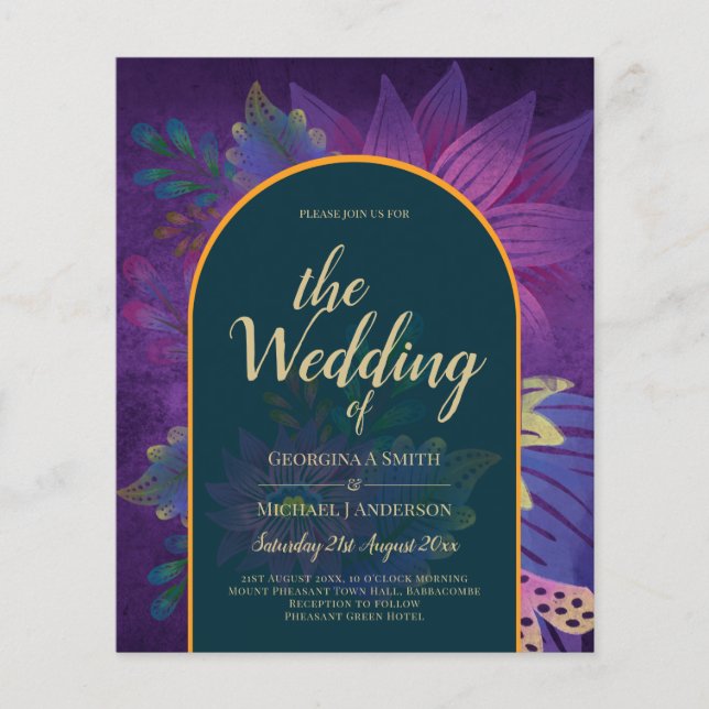 Flyer LeahG Green Purple Gold JEWEL TONES Wedding INVITE (Frente)