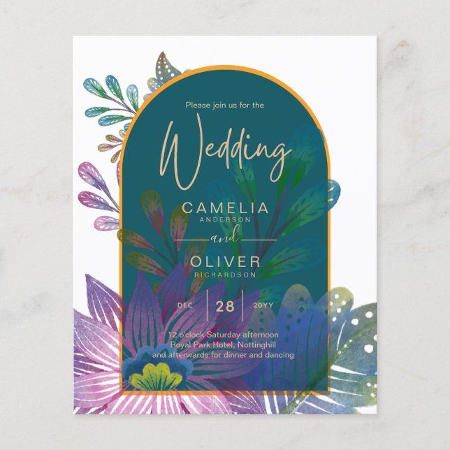 Flyer LeahG Green Purple Gold JEWEL TONES Wedding INVITE (Frente)