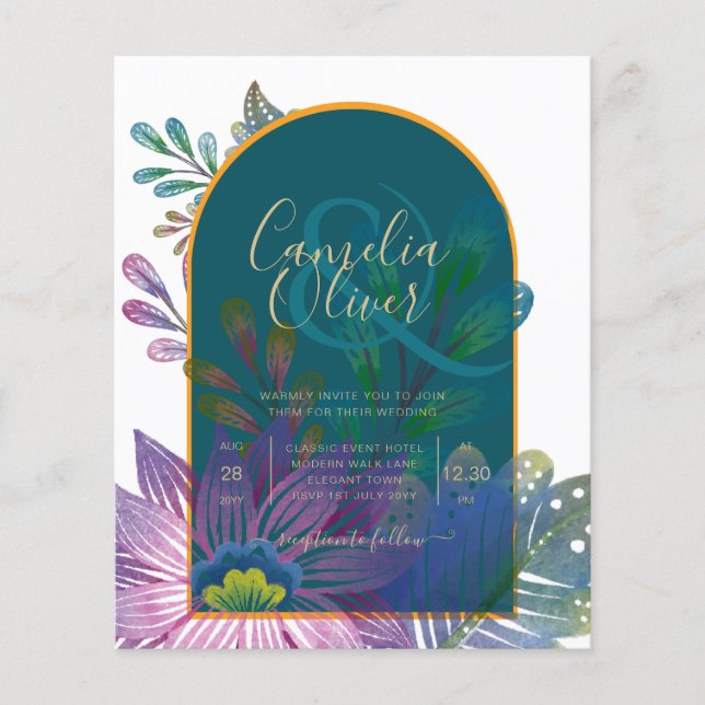 Flyer LeahG Green Purple Gold JEWEL TONES Wedding INVITE (Frente)