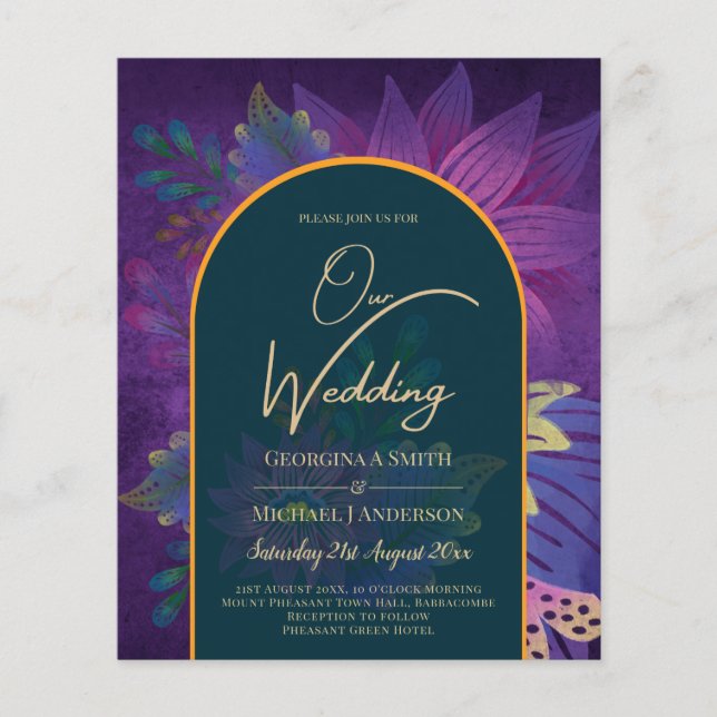 Flyer LeahG Green Purple Gold JEWEL TONES Wedding INVITE (Frente)