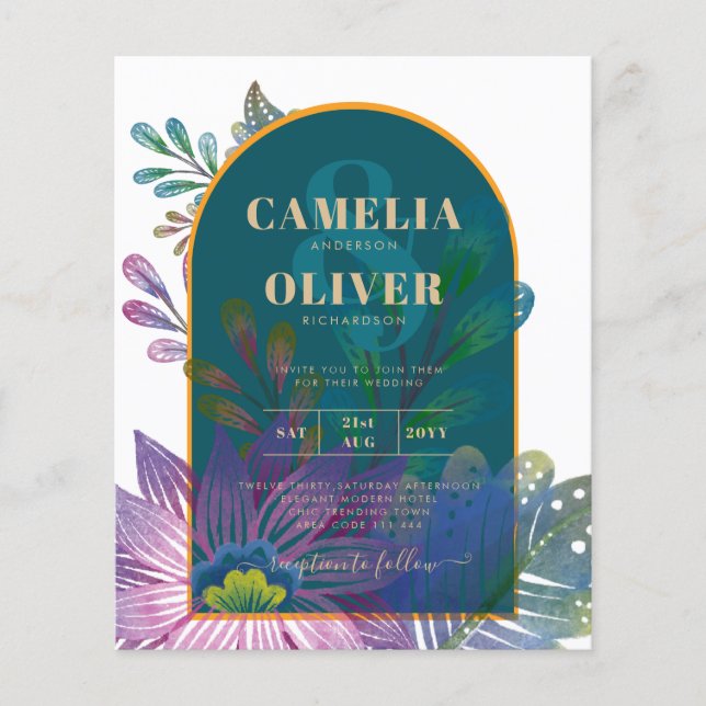 Flyer LeahG Green Purple Gold JEWEL TONES Wedding INVITE (Frente)