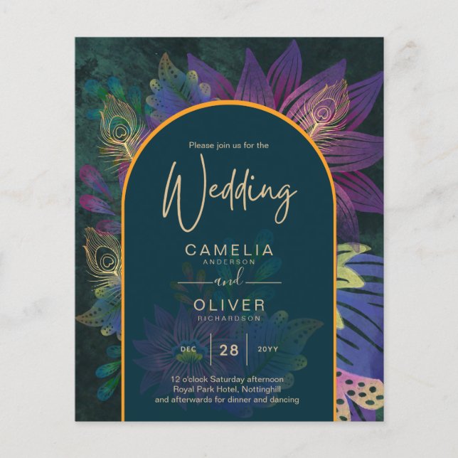 Flyer LeahG Green Purple Gold JEWEL TONES Wedding INVITE (Frente)