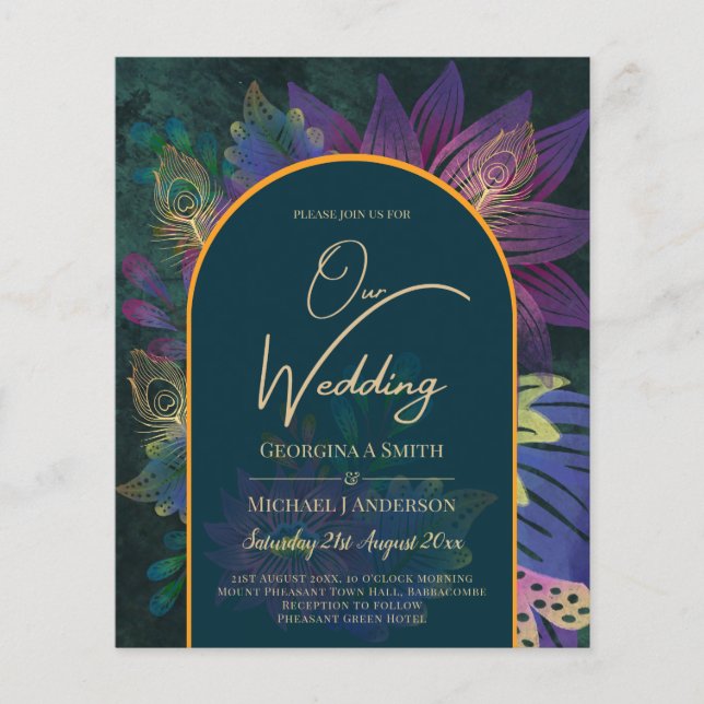Flyer LeahG Green Purple Gold JEWEL TONES Wedding INVITE (Frente)