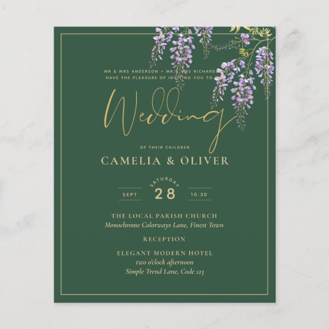 Flyer LeahG Green Purple Gold WISTERIA Wedding INVITE (Frente)
