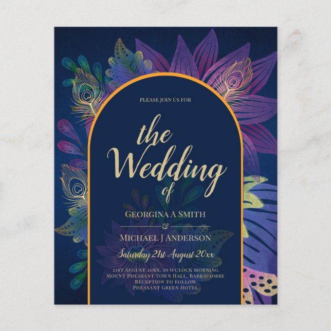 Flyer LeahG: INVITA DE Boda de TONOS DE JEWEL de Oro Púr (Frente)
