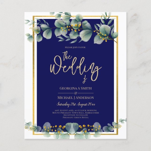 Flyer LeahG NAVY AZUL GOLD Greenery Eucalyptus Boda (Frente)