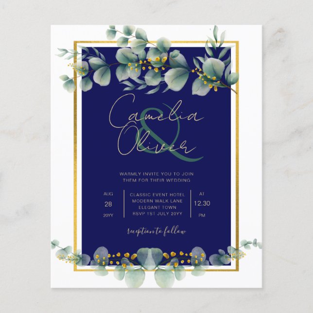 Flyer LeahG NAVY AZUL GOLD Greenery Eucalyptus Boda (Frente)