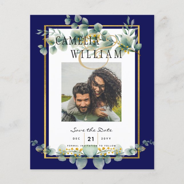 Flyer LeahG NAVY AZUL GOLD Greenery Eucalyptus Boda (Frente)