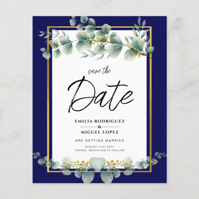 Flyer LeahG NAVY AZUL GOLD Greenery Eucalyptus Boda (Frente)