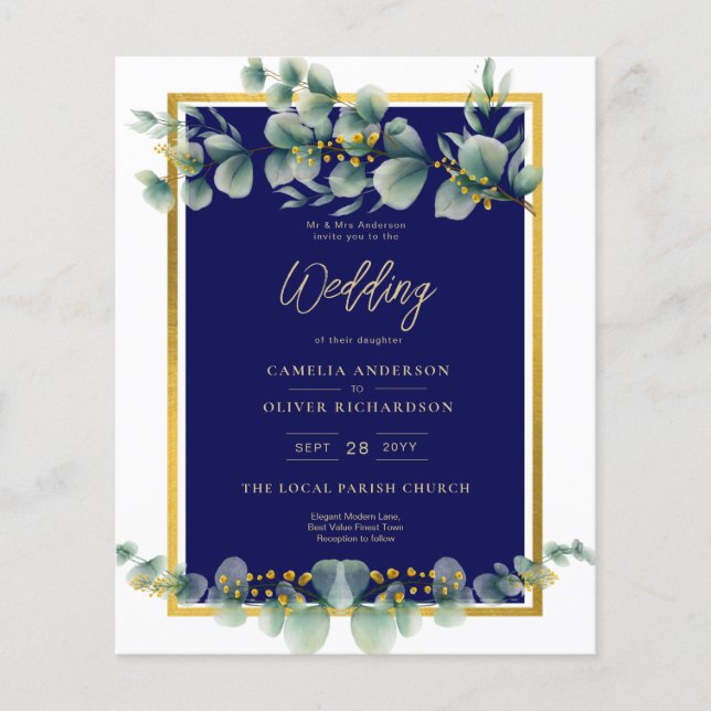 Flyer LeahG NAVY AZUL GOLD Greenery Eucalyptus Boda (Frente)