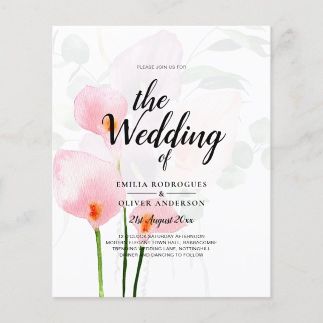 Flyer LeahG Pink Calla Lily Floral Wedding Invite allin1 (Frente)