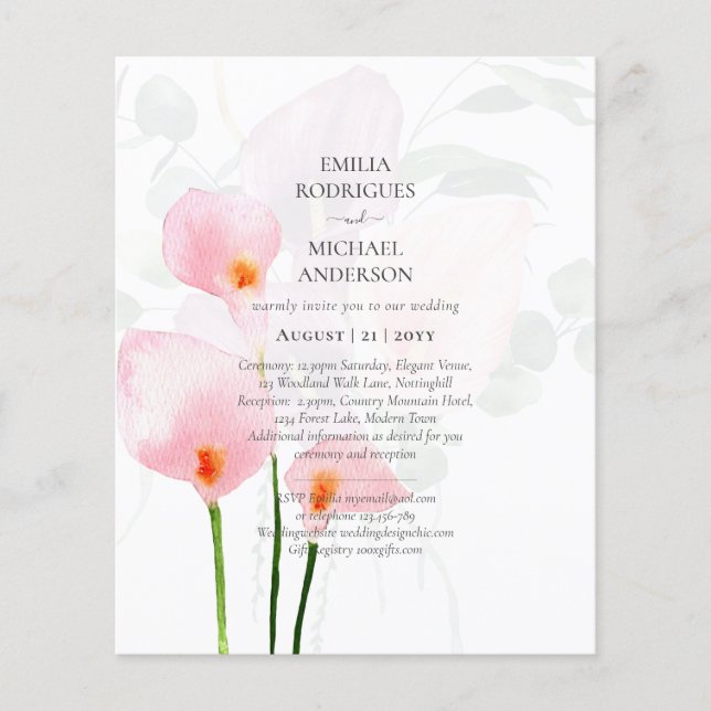 Flyer LeahG Pink Calla Lily Floral Wedding Invite allin1 (Frente)