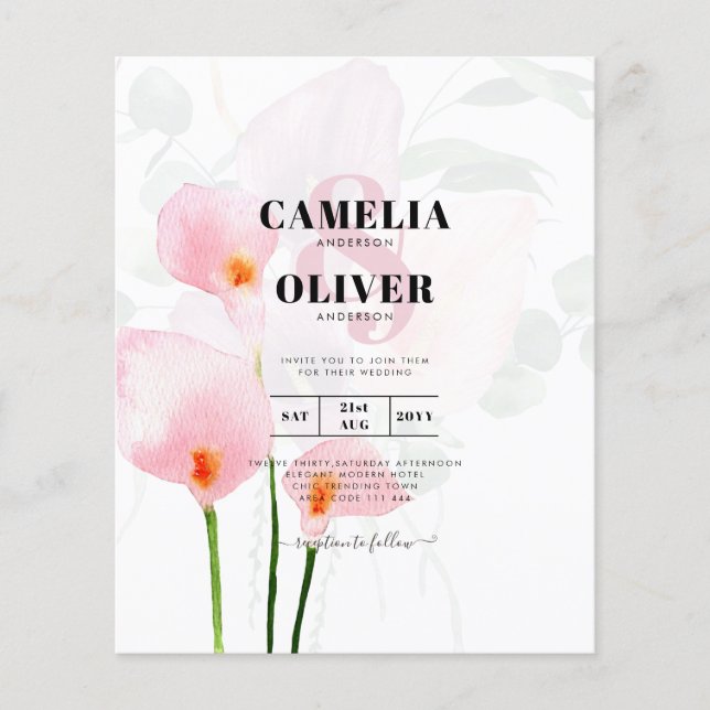 Flyer LeahG Pink Calla Lily Floral Wedding Invite allin1 (Frente)