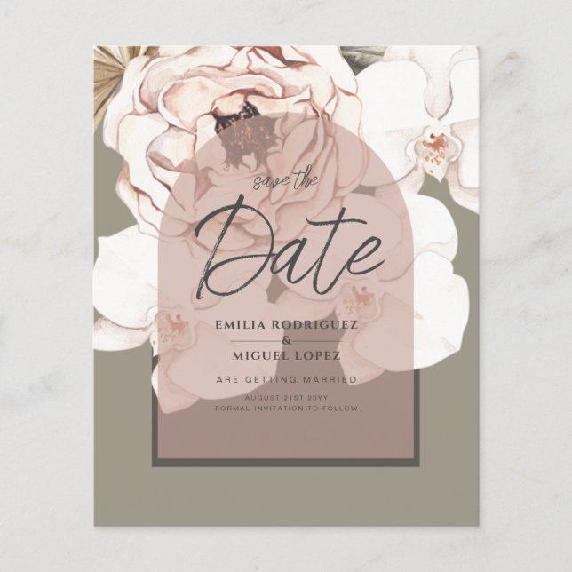 Flyer LeahG PRESUPUESTO Moss Blush Boda Guardar La Fecha (Frente)