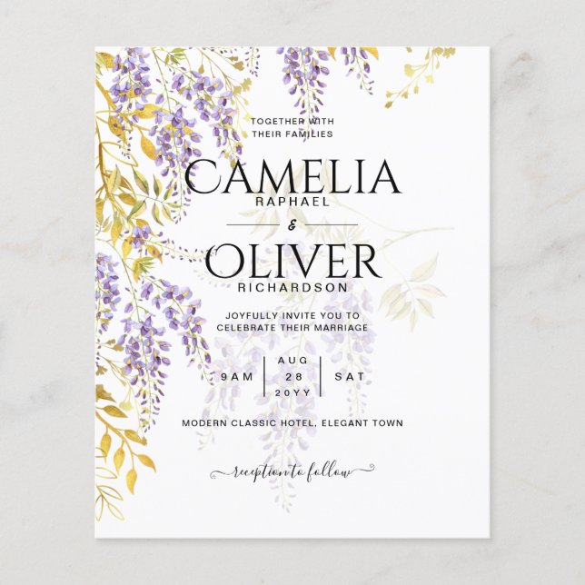 Flyer LeahG Purple Gold WISTERIA Floral Wedding INVITE (Frente)