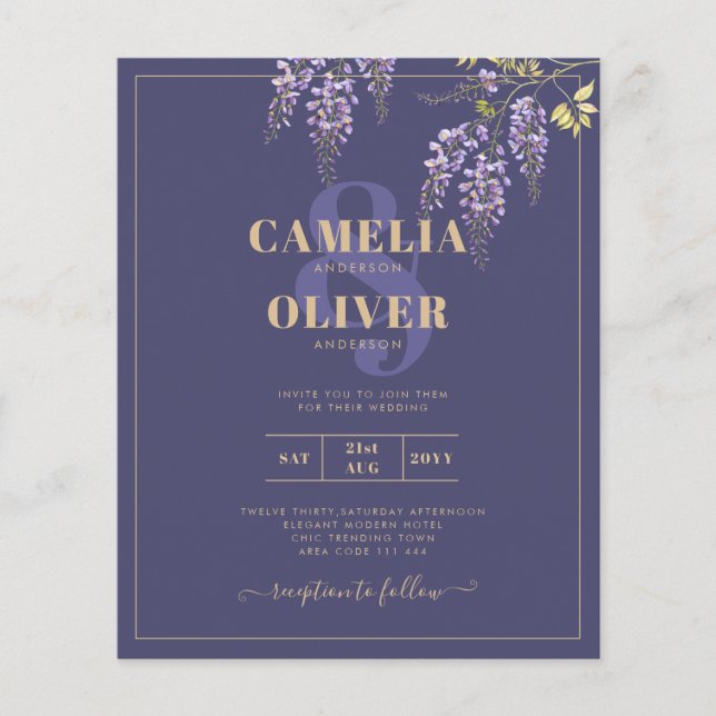 Flyer LeahG Purple Gold WISTERIA Floral Wedding INVITE (Frente)