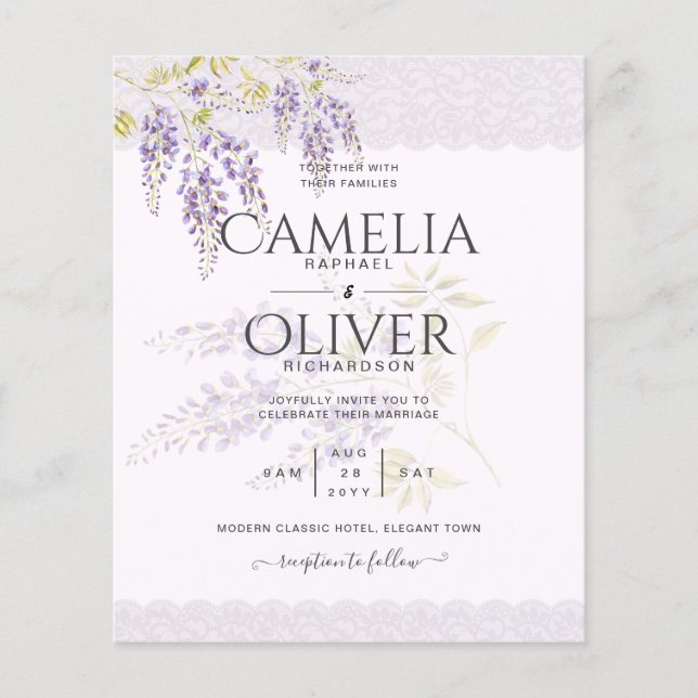 Flyer LeahG Purple WISTERIA Lace Floral Wedding INVITE (Frente)