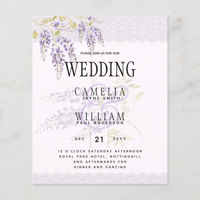 Flyer LeahG Purple WISTERIA Lace Floral Wedding INVITE (Frente)