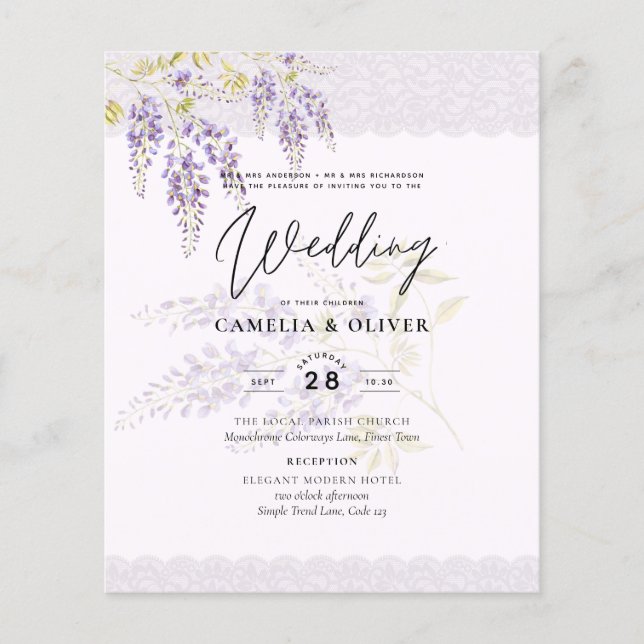 Flyer LeahG Purple WISTERIA Lace Floral Wedding INVITE (Frente)
