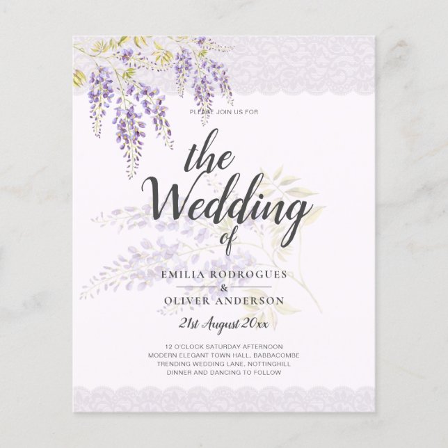 Flyer LeahG Purple WISTERIA Lace Floral Wedding INVITE (Frente)