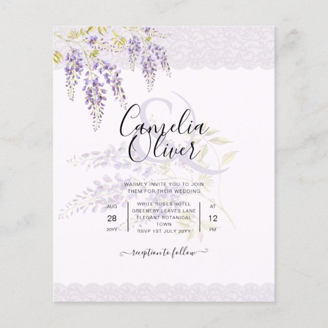 Flyer LeahG Purple WISTERIA Lace Floral Wedding INVITE (Frente)