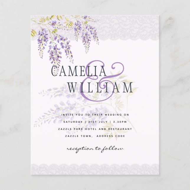 Flyer LeahG Purple WISTERIA Lace Floral Wedding INVITE (Frente)