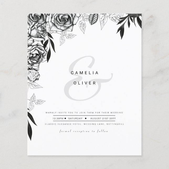 Flyer LeahG Rosas blancos negros Boda de presupuesto INV (Frente)