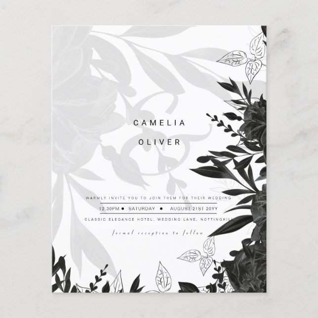 Flyer LeahG Rosas blancos negros Boda de presupuesto INV (Frente)