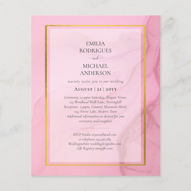 Flyer LeahG Rubor Pink Gold INK Ombre Wedding INVITE (Atrás)