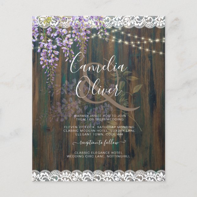 Flyer LeahG Rustic WISTERIA Lace Floral Wedding INVITE (Frente)