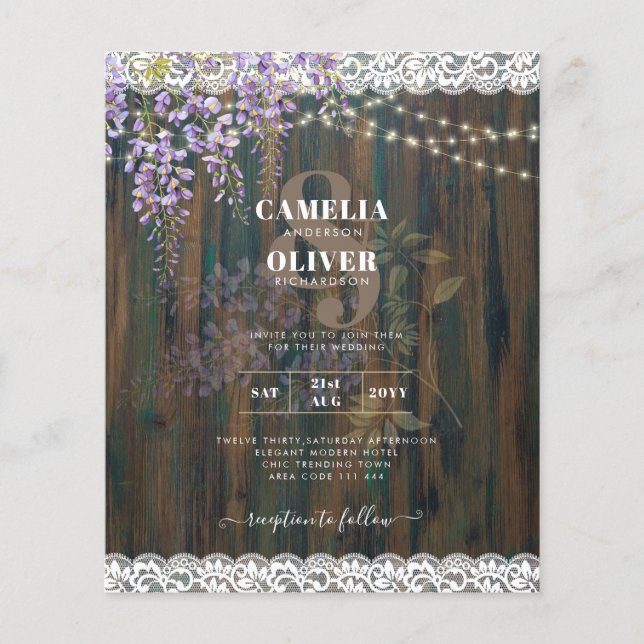 Flyer LeahG Rustic WISTERIA Lace Floral Wedding INVITE (Frente)