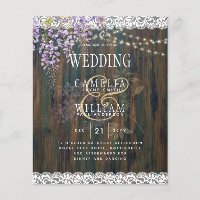 Flyer LeahG Rustic WISTERIA Lace Floral Wedding INVITE (Frente)