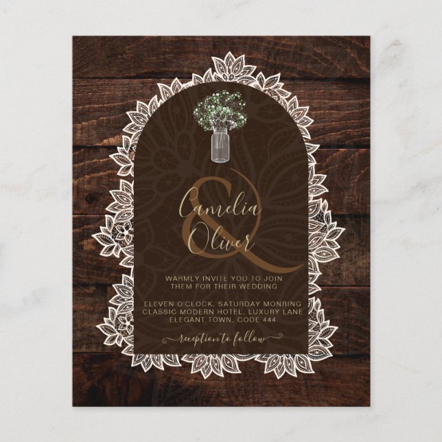 Flyer LeahG Rústico Lace Gypsophila Wood Wedding INVITE (Frente)