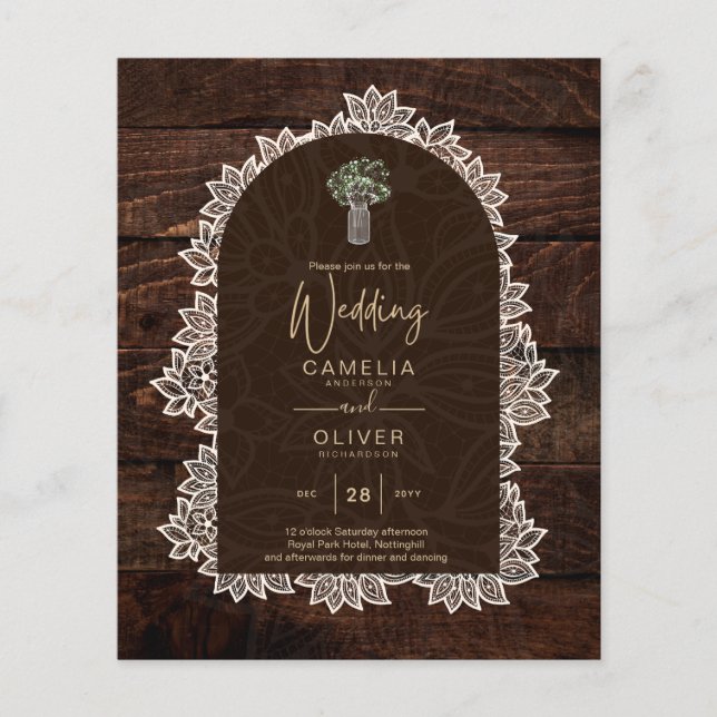 Flyer LeahG Rústico Lace Gypsophila Wood Wedding INVITE (Frente)
