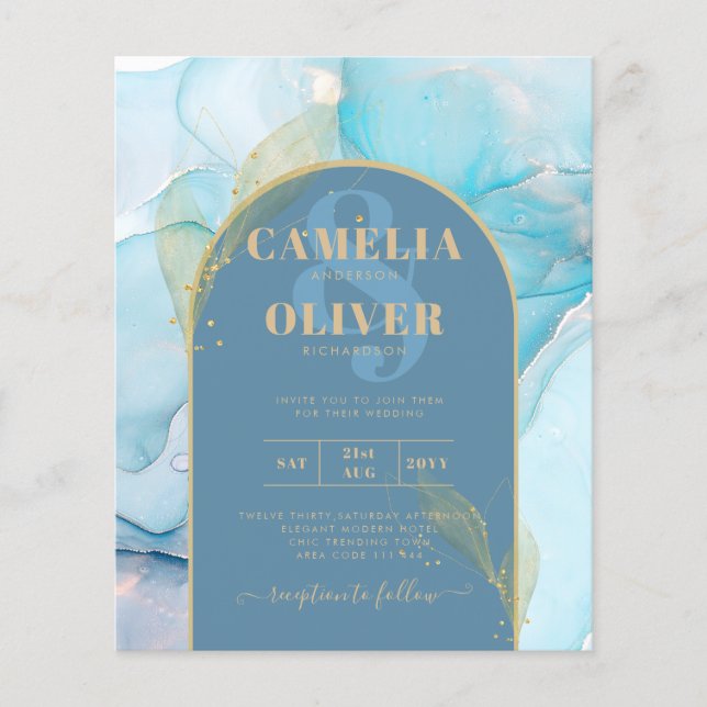Flyer LeahG Sea Glass Gold Ink Aqua Blue Wedding INVITE (Frente)