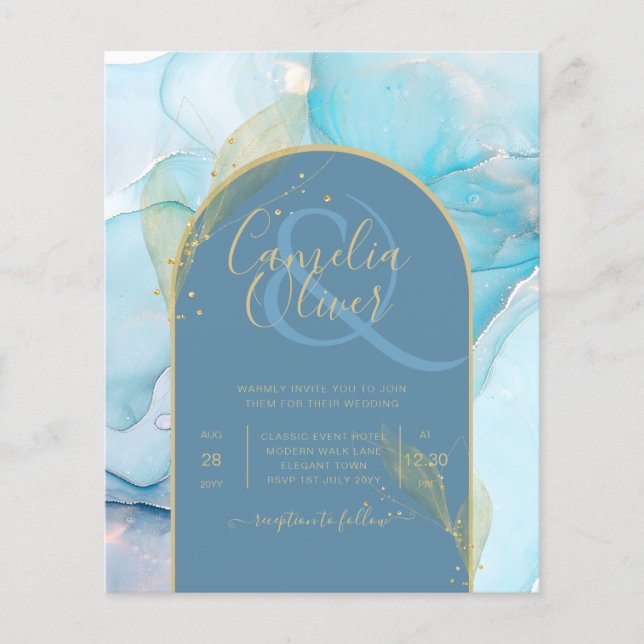 Flyer LeahG Sea Glass Gold Ink Aqua Blue Wedding INVITE (Frente)