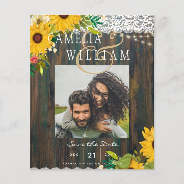 Flyer LeahG Sunflowers Boda Rustic Wood Lace (Frente)