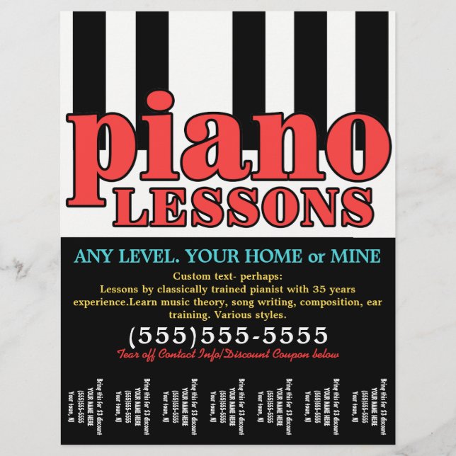 Flyer Lecciones de piano. Tutor de música.Personalizable (Frente)
