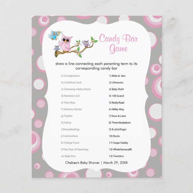 Flyer Lechuza rosa y gris | Juego Shower Candy Bar (Frente)