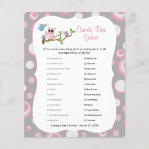 Flyer Lechuza rosa y gris   Juego Shower Candy Bar