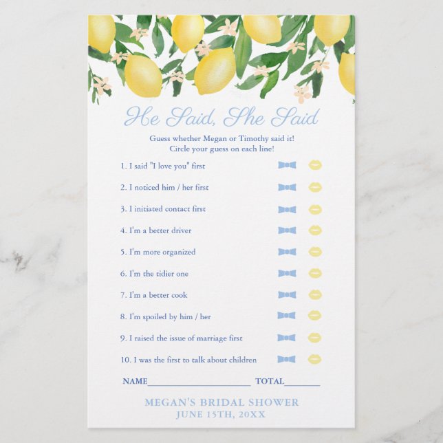 Flyer Lemon Toscana Dijo Que Dijo Juego De Ducha De Boda (Frente)