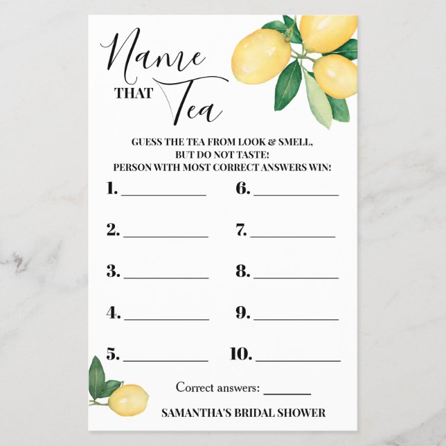 Flyer Lemones nombran la tarjeta de juego Tea Bridal Sho (Frente)