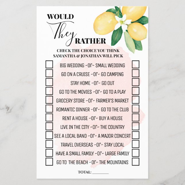 Flyer Lemones Rosados Prefieren Duchar Tarjeta De Juego (Frente)