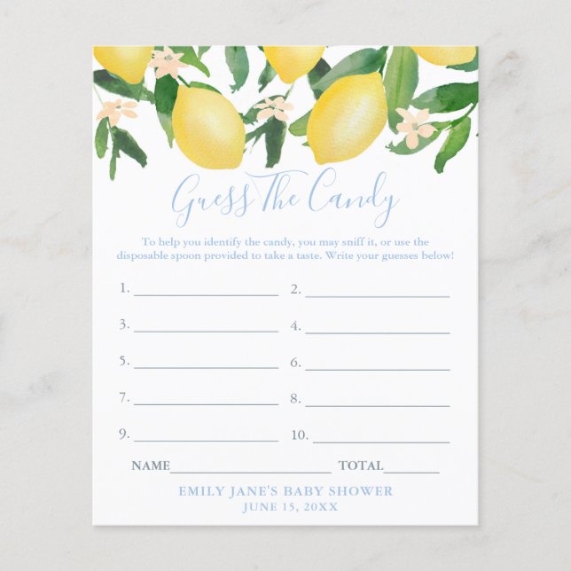 Flyer Lemons Adivinan La Tarjeta De Baby Shower Candy Ga (Frente)