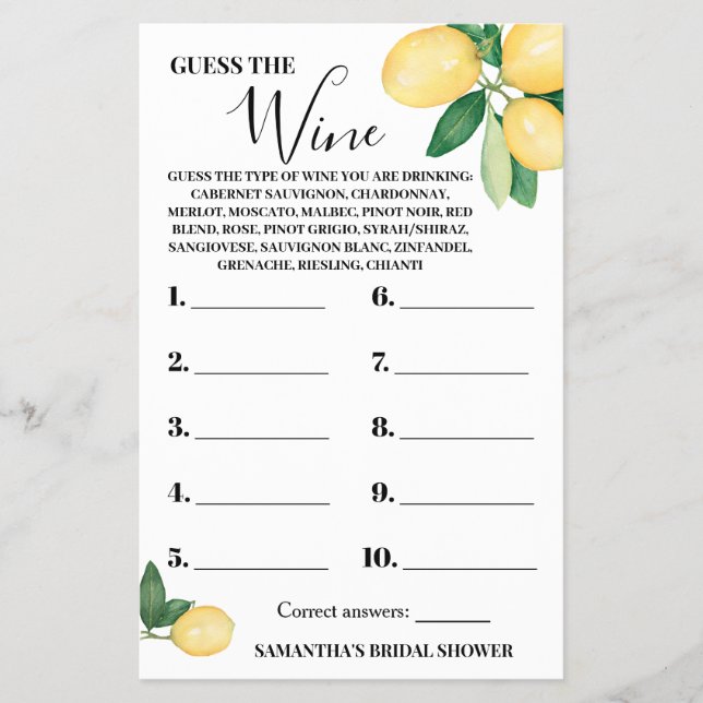 Flyer Lemons Adivinan la tarjeta de juego Wine Couples S (Frente)