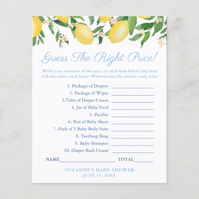 Flyer Lemons Blue Adivinan El Juego De Baby Shower De Pr (Frente)