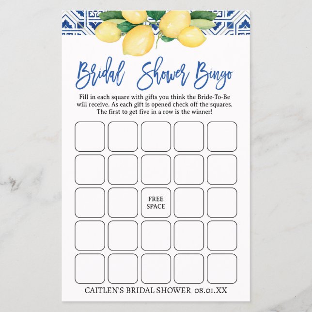 Flyer Lemons Bridal Shower Bingo Azul Mediterráneo (Frente)